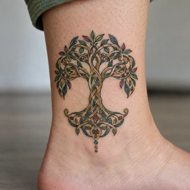 Color illuminated Celtic tree of life tattoo on the ankle