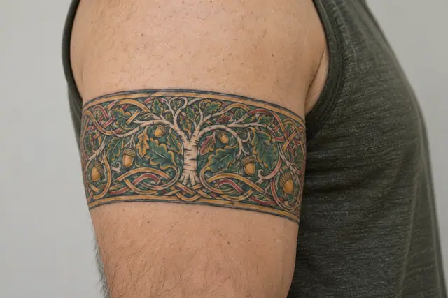 Color illuminated Celtic tree of life tattoo on the arm (armband)