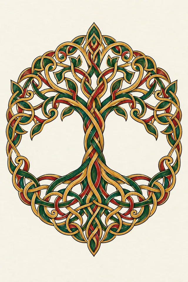 Color illuminated Celtic tree of life tattoo design for the calf