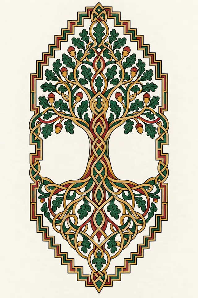 Color illuminated Celtic tree of life tattoo design for the calf