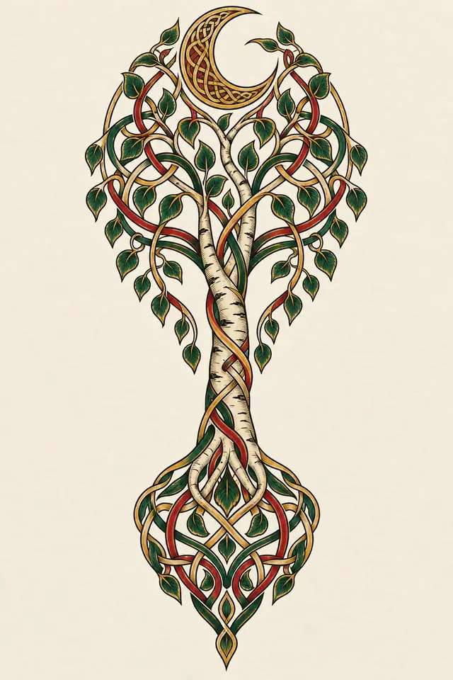 Color illuminated Celtic tree of life tattoo design for the calf
