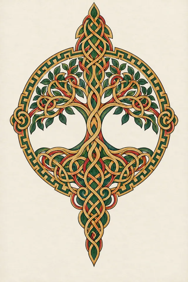 Color illuminated Celtic tree of life tattoo design for the calf