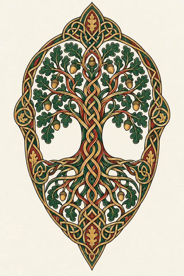 Color illuminated Celtic tree of life tattoo design for the calf