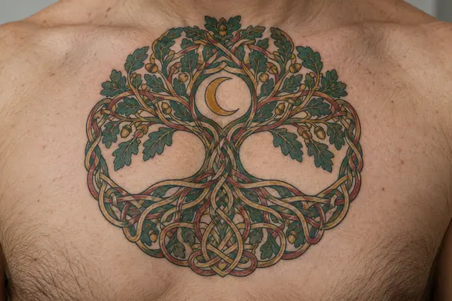 Color illuminated Celtic tree of life tattoo on the chest