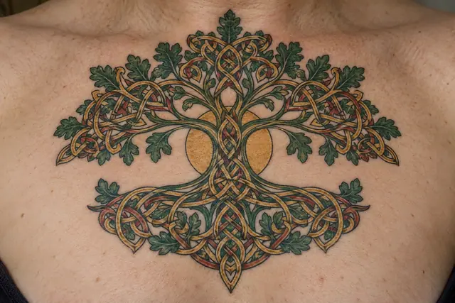 Color illuminated Celtic tree of life tattoo on the chest