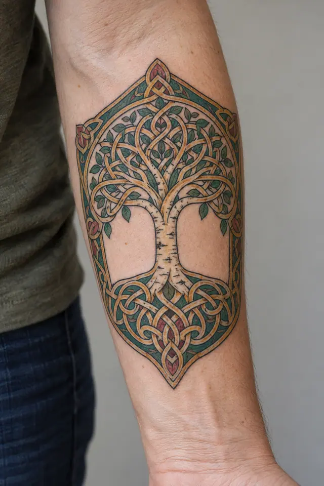 Color illuminated Celtic tree of life tattoo on the forearm