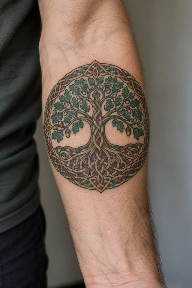 Color illuminated Celtic tree of life tattoo on the forearm