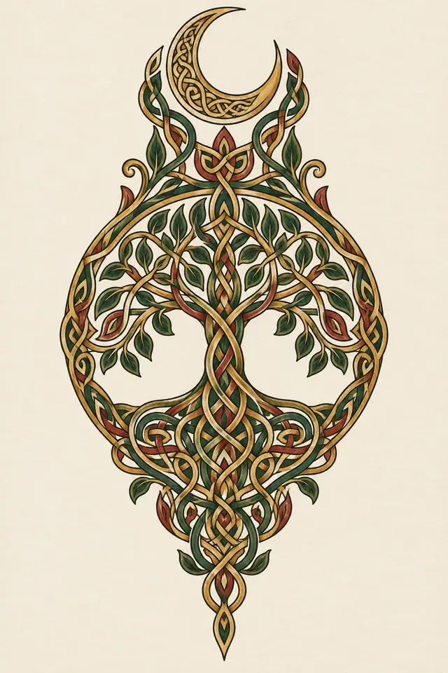 Color illuminated Celtic tree of life tattoo design for the forearm