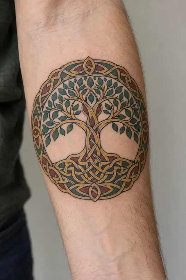 Color illuminated Celtic tree of life tattoo on the forearm