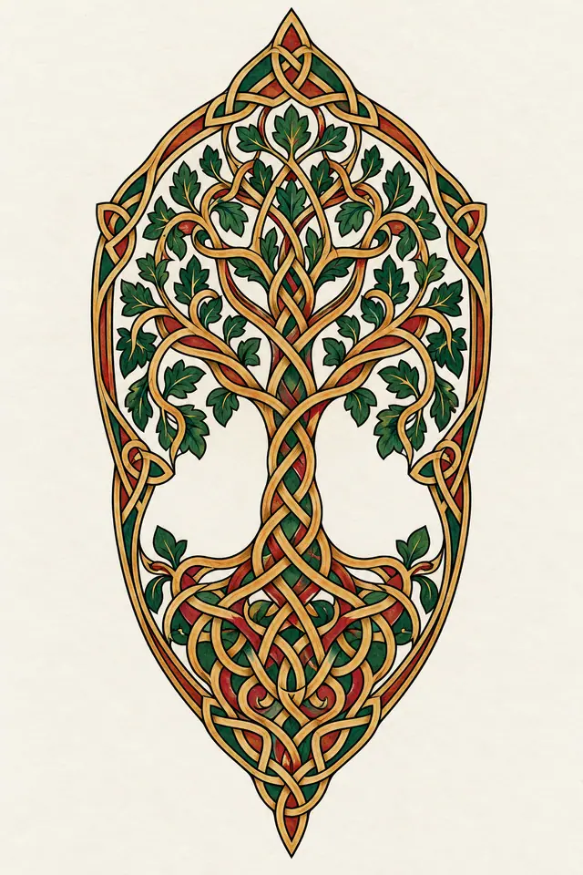 Color illuminated Celtic tree of life tattoo design for the forearm