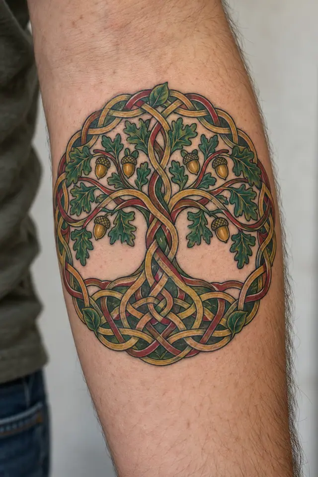 Color illuminated Celtic tree of life tattoo on the forearm