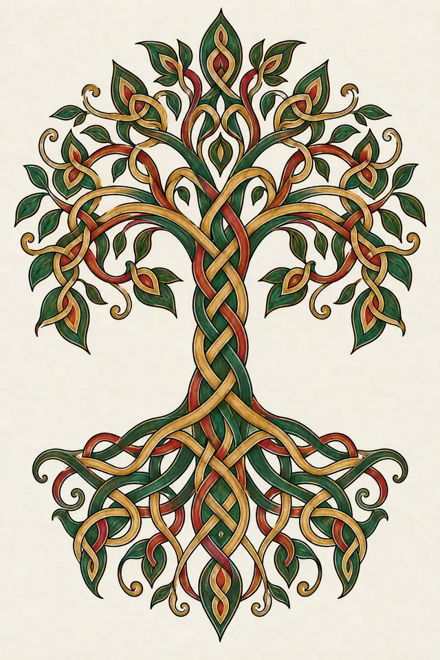 Color illuminated Celtic tree of life tattoo design for the upper arm (half sleeve)