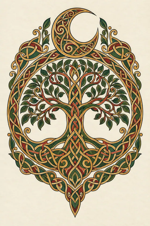 Color illuminated Celtic tree of life tattoo design for the upper arm (half sleeve)
