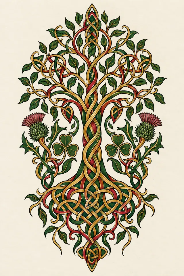 Color illuminated Celtic tree of life tattoo design for the upper arm (half sleeve)