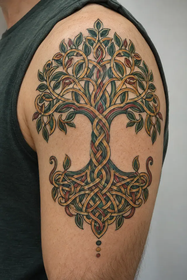 Color illuminated Celtic tree of life tattoo on the upper arm (half sleeve)