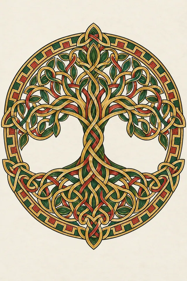 Color illuminated Celtic tree of life tattoo design for the upper arm (half sleeve)