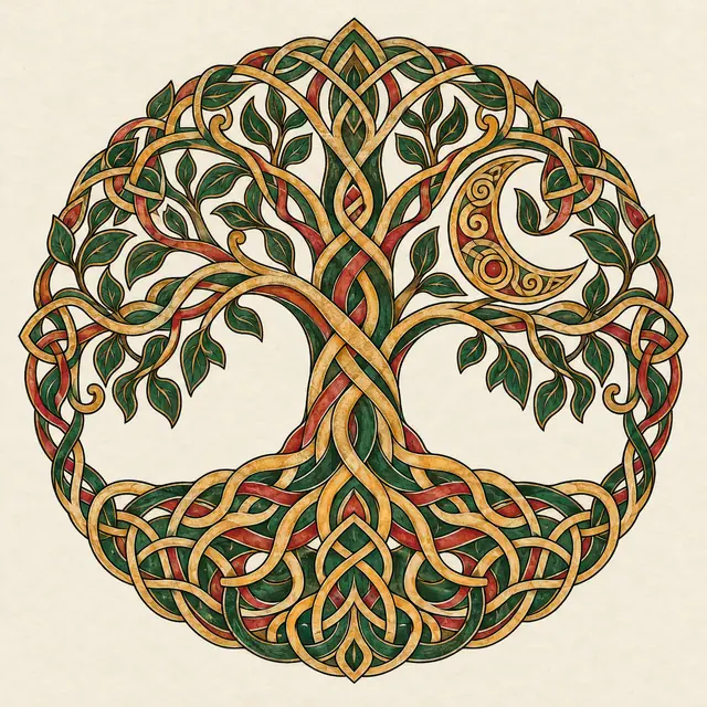 Color illuminated Celtic tree of life tattoo design for the shoulder