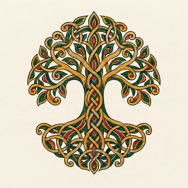 Color illuminated Celtic tree of life tattoo design for the shoulder