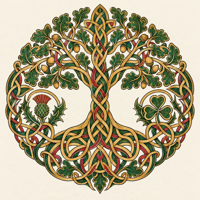 Color illuminated Celtic tree of life tattoo design for the shoulder