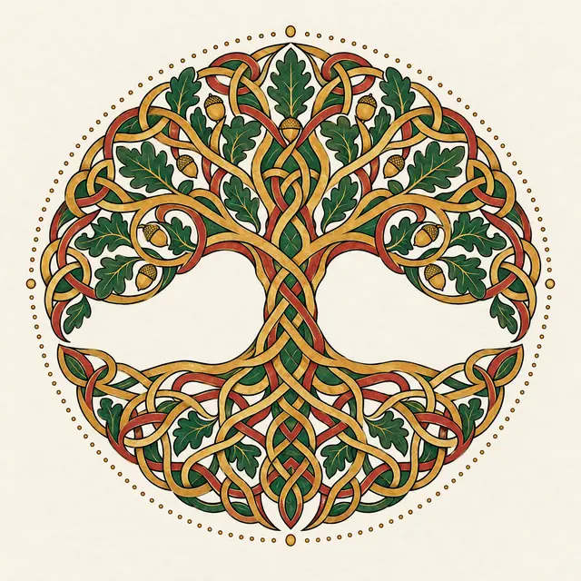 Color illuminated Celtic tree of life tattoo design for the shoulder