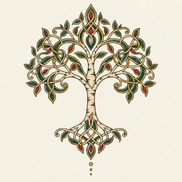 Color illuminated Celtic tree of life tattoo design for the upper back