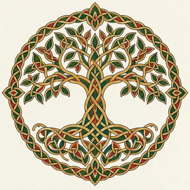 Color illuminated Celtic tree of life tattoo design for the upper back