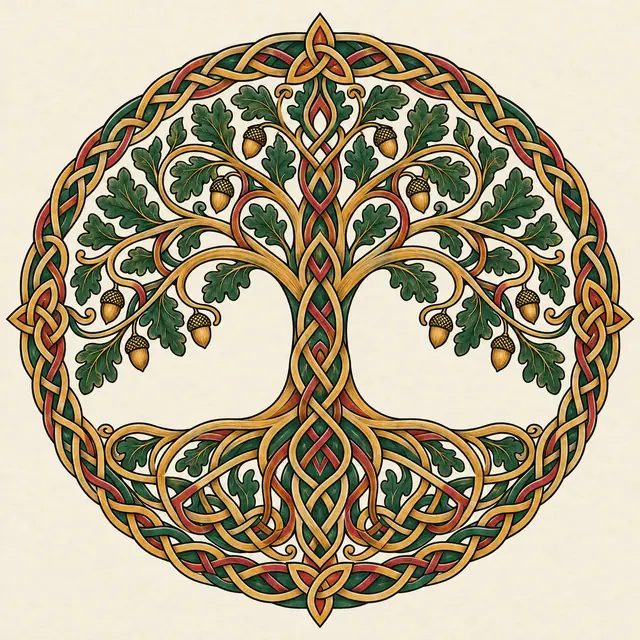 Color illuminated Celtic tree of life tattoo design for the upper back