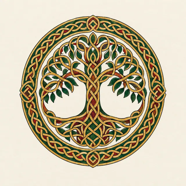 Color illuminated Celtic tree of life tattoo design for the upper back