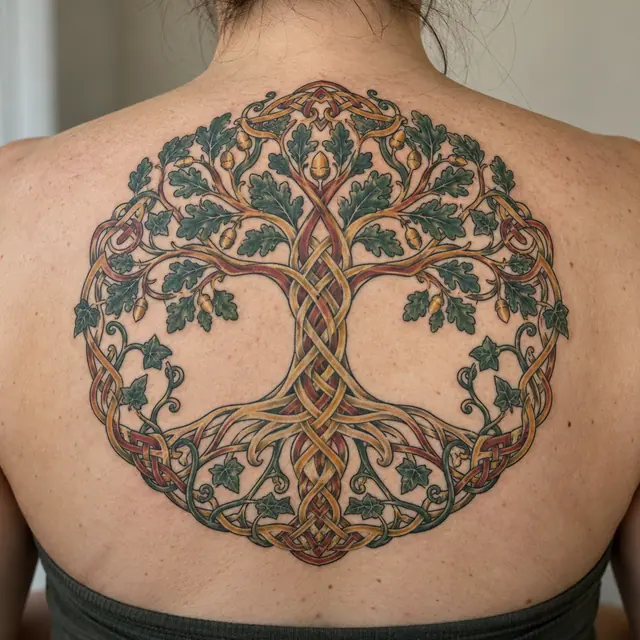 Color illuminated Celtic tree of life tattoo on the upper back
