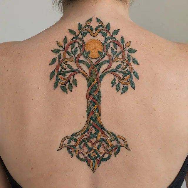 Color illuminated Celtic tree of life tattoo on the upper back