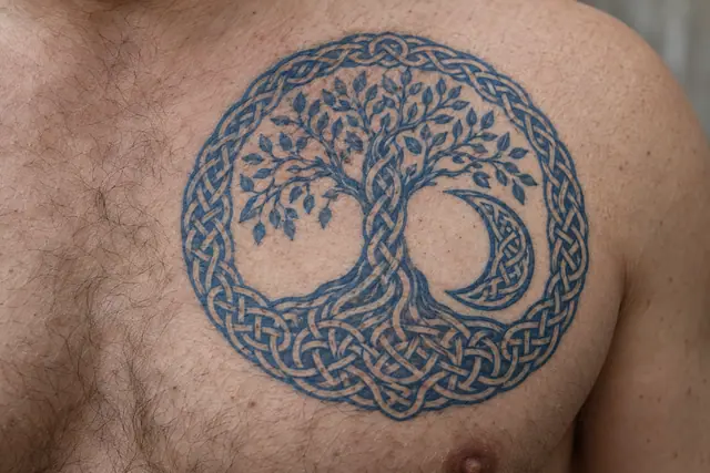 Woad blue Celtic tree of life tattoo on the chest