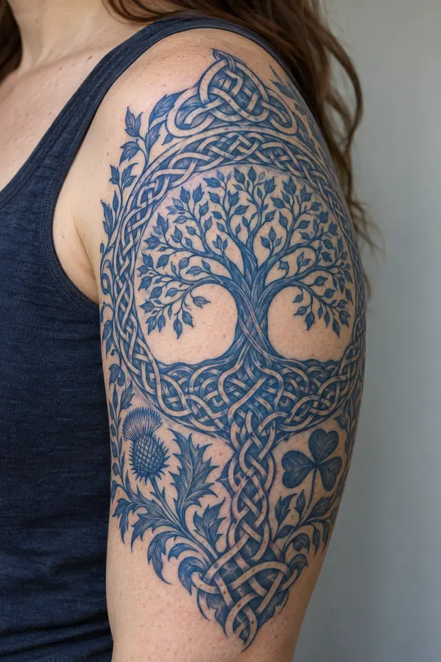 Woad blue Celtic tree of life tattoo on the upper arm (half sleeve)