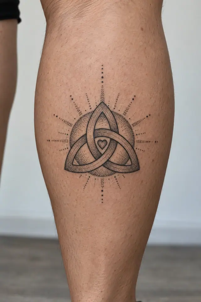 Dotwork trinity knot tattoo on the calf