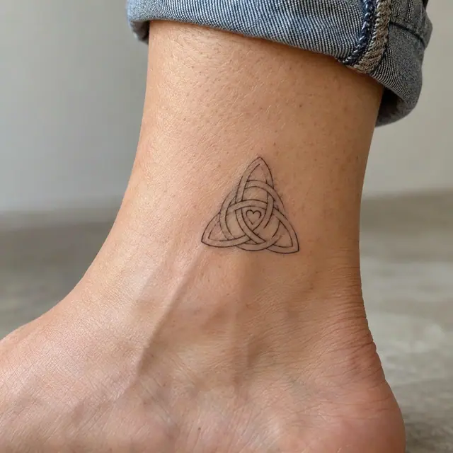 Fine-line trinity knot tattoo on the ankle