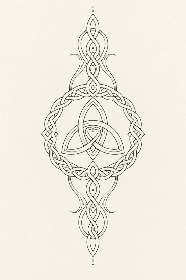 Fine-line trinity knot tattoo design for the calf