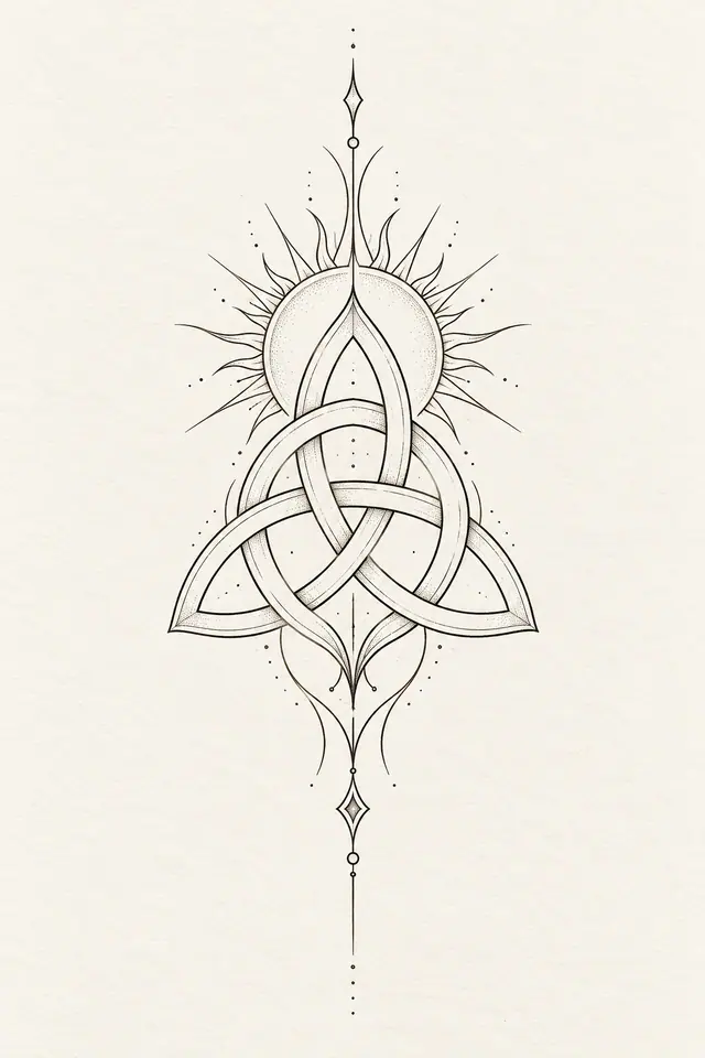 Fine-line trinity knot tattoo design for the calf