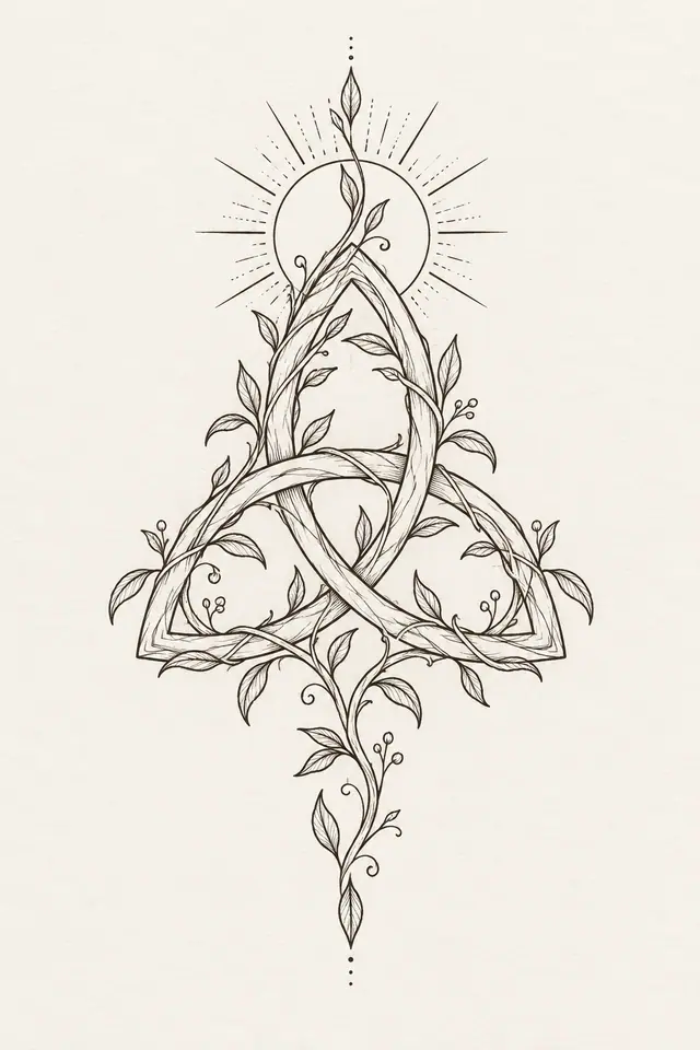 Fine-line trinity knot tattoo design for the calf