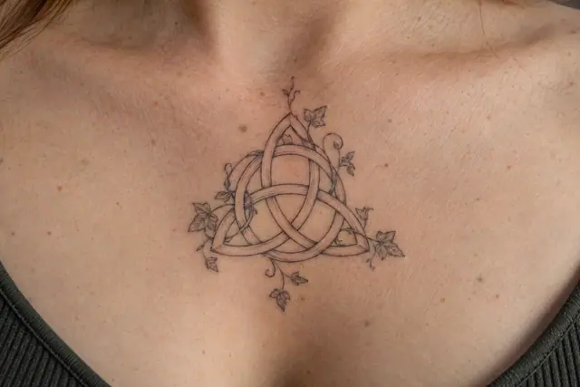 Fine-line trinity knot tattoo on the chest