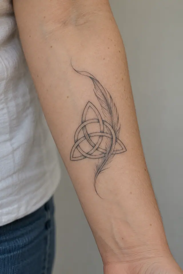 Fine-line trinity knot tattoo on the forearm