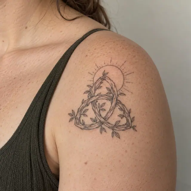 Fine-line trinity knot tattoo on the shoulder