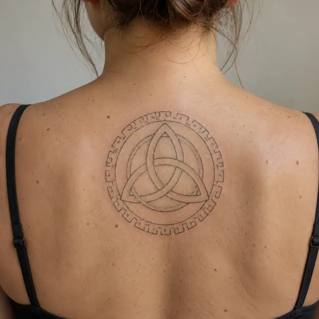 Fine-line trinity knot tattoo on the upper back