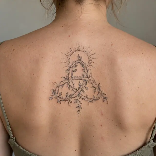 Fine-line trinity knot tattoo on the upper back