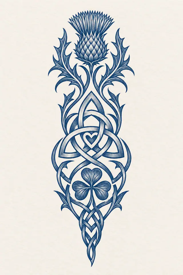 Woad blue trinity knot tattoo design for the calf