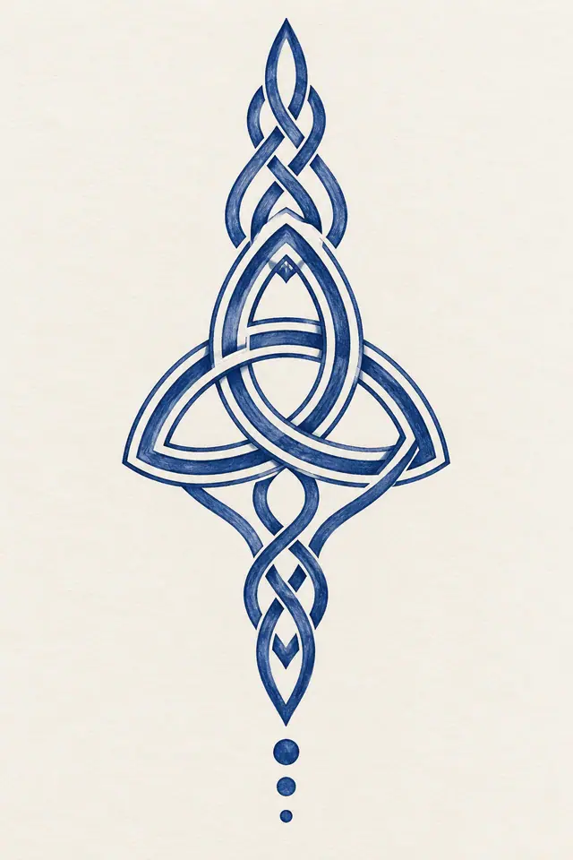 Woad blue trinity knot tattoo design for the calf
