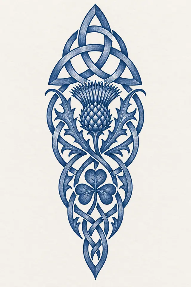 Woad blue trinity knot tattoo design for the calf