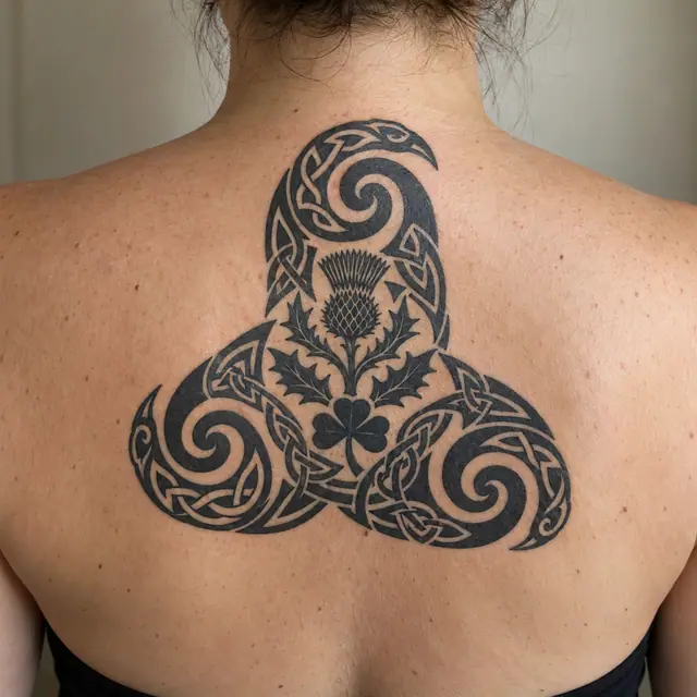 Blackwork triskele tattoo on the upper back