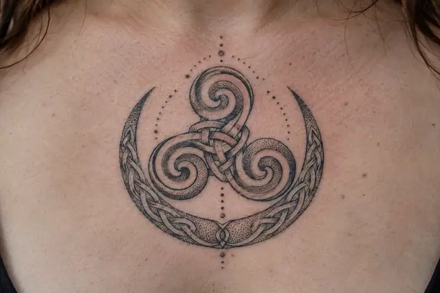 Dotwork triskele tattoo on the chest