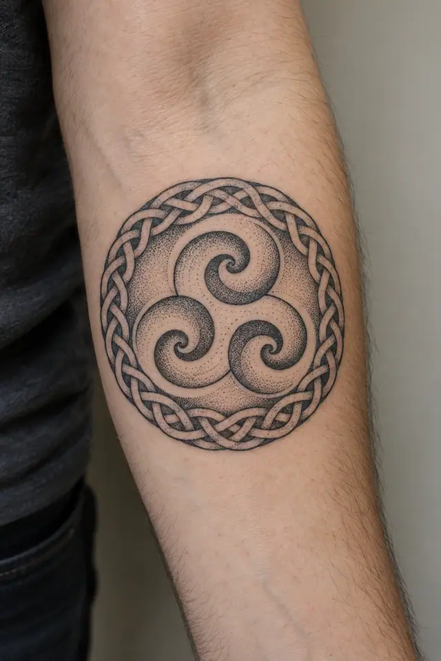 Dotwork triskele tattoo on the forearm