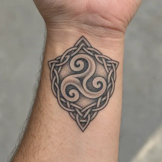 Dotwork triskele tattoo on the wrist