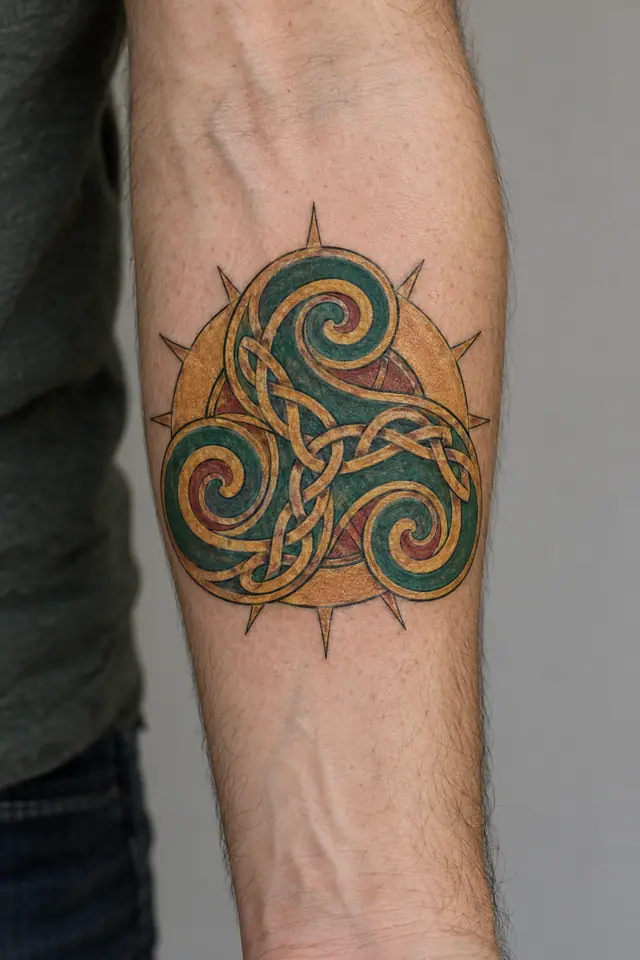 Color illuminated triskele tattoo on the forearm